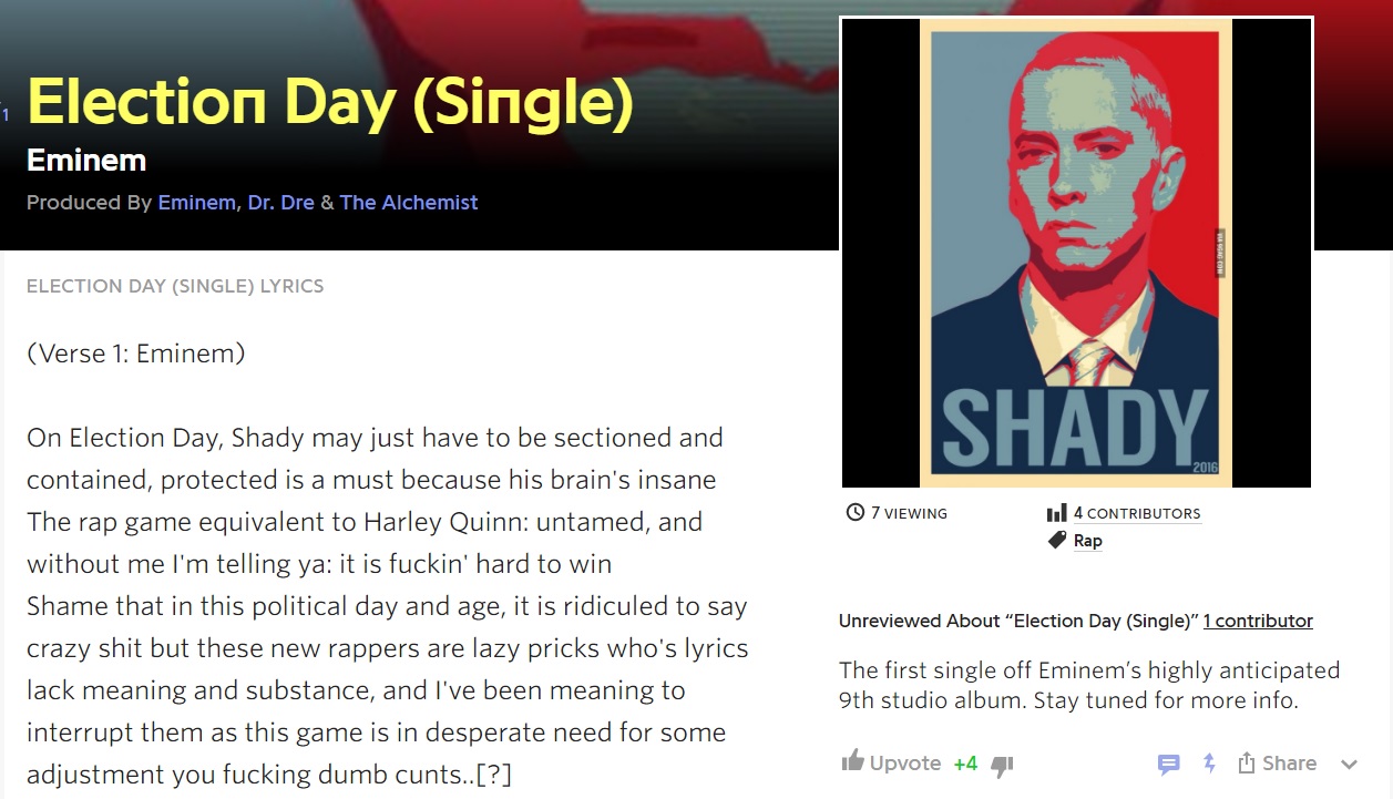 Trapelato su Genius un estratto del testo di "Election Day" di Eminem